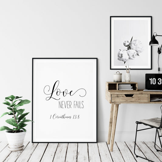 Scripture Decor, Love Never Fails, Wedding Wall Art, Christian Art, 1 Corinthians 13:8