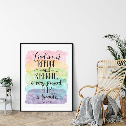 God Is Our Refuge And Strength, Psalm 46:1, Catholic Prayer, Bible Verse Printable Nursery Decor