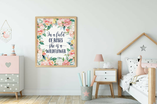 In A Field Of Roses She Is Wildflower, Blue Flowers Print, Girls Room Art Decor