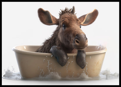 Baby Moose in Bath Digital Nursery Bedroom Artwork Wall Art Decor Poster Prints