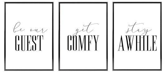 Set of 3, Home Wall Decor Prints Be Our Guest Get Comfy Stay Awhile