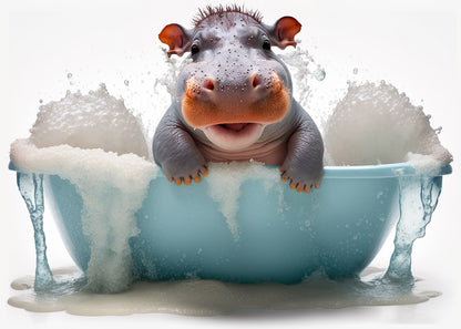 Baby Hippo in Bath Digital Nursery Bedroom Artwork Wall Art Decor Poster Prints