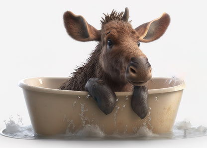 Baby Moose in Bath Digital Nursery Bedroom Artwork Wall Art Decor Poster Prints