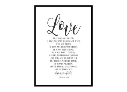 "Love Is Patient, Love Never Fails, 1 Corinthians 13" Bible Verse Poster Print