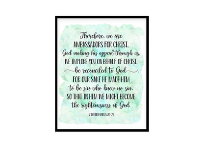 "We Are Ambassadors For Christ, 2 Corinthians 5:20" Bible Verse Poster Print