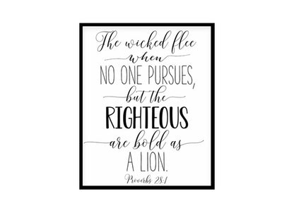"The Righteous are Bold as a Lion, Proverbs 28:1" Bible Verse Poster Print