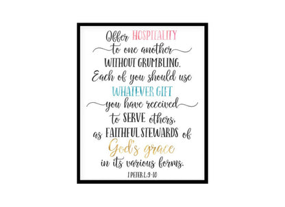 "Offer Hospitality To One Another, 1 Peter 4:9-10" Bible Verse Poster Print