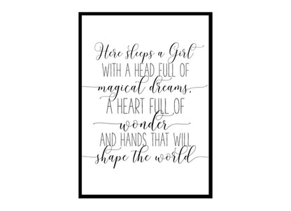 "Here Sleeps A Girl With A Head Full Of Magical Dreams" Girls Quote Poster Print
