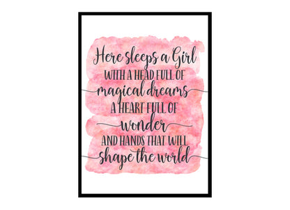 "Here Sleeps a Girl With a Head Full of Magical Dreams" Girls Quote Poster Print