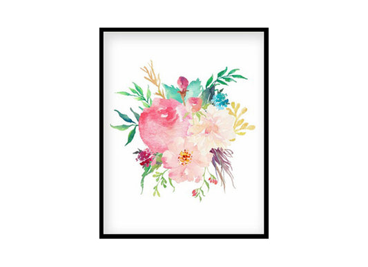 Pink Watercolor Flowers, Nursery Printable Wall Art, Pink Peony Bouquet Decor Girls Room Poster Print