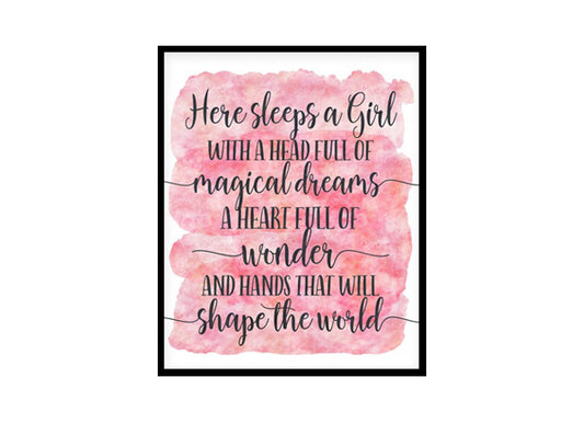 "Here Sleeps a Girl With a Head Full of Magical Dreams" Childrens Nursery Room Poster Print