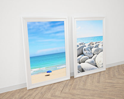 Beach Landscape Print, Blue and Gold Abstract Landscape Art, Home Decor Print