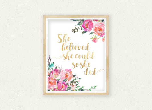 She Believed She Could So She Did Print, Printable Wall Art,Girls Room Decor