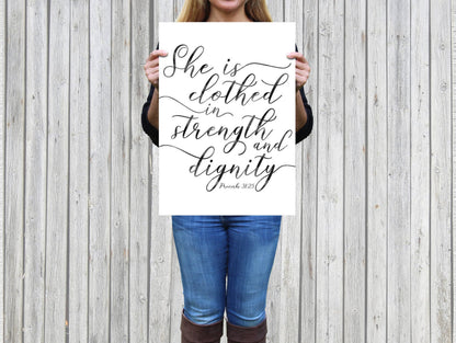 Bible Verse Wall Art She is clothed in strength and dignity, Proverbs 31:25, Christian Wall Art