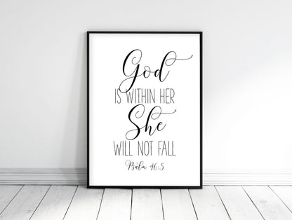 Bible Verse Print, God Is Within Her She Will Not Fall, Psalm 46:5, Bible Nursery Decor Wall Art