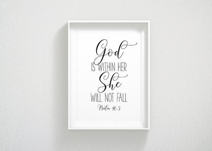 Bible Verse Print, God Is Within Her She Will Not Fall, Psalm 46:5, Bible Nursery Decor Wall Art