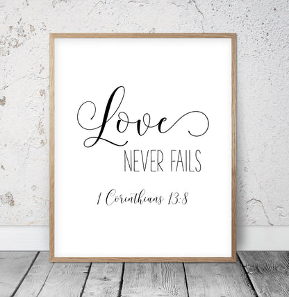 Scripture Decor, Love Never Fails, Wedding Wall Art, Christian Art, 1 Corinthians 13:8