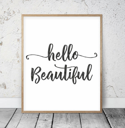 Hello Beautiful Print, Nursery Watercolor Wall Art Decor Inspirational Quote