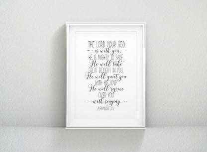 Bible Verse Wall Art The Lord your God is with you Zephaniah 3:17 Faith Quotes