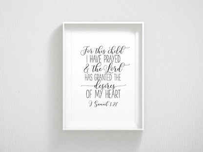 Bible Verse Printable For This Child I Have Prayed, 1 SAMUEL 1:27, Nursery Wall Art