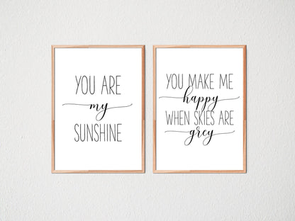 Set of 2, Nursery Prints Set You Are My Sunshine Wall Art, You Make Me Happy Print Art