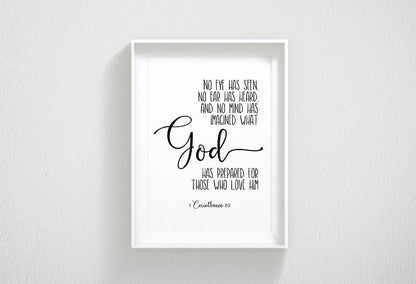 Bible Verse printable, 1 Corinthians 2:9, No Eye Has Seen, Bible Quote, Bible Verse Print Wall Art