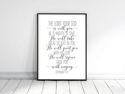 Bible Verse Wall Art The Lord your God is with you Zephaniah 3:17 Faith Quotes