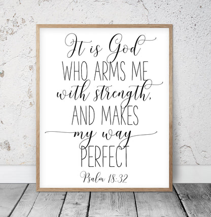 Nursery Bible Verse Prints, It Is God Who Arms Me With Strength, Psalm 18 32, Scripture Wall Art