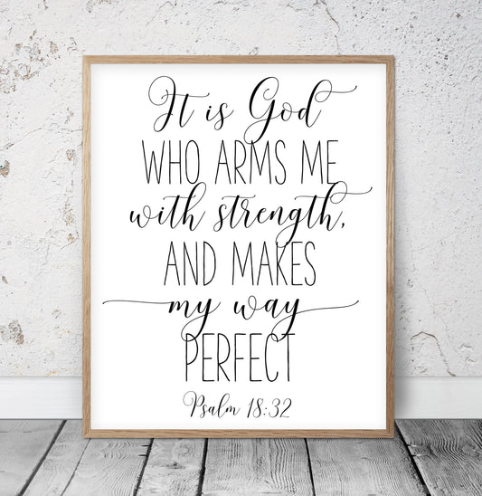 Nursery Bible Verse Prints, It Is God Who Arms Me With Strength, Psalm 18 32, Scripture Wall Art