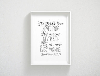 His Mercies Are New Every Morning, Lamentations 3:22-23, Bible Verse Printable Wall Art