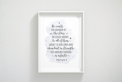 He Counts the Stars, Psalm 147:4, Bible Verse Wall Art, Printable Scripture Art,Nursery Room Prints