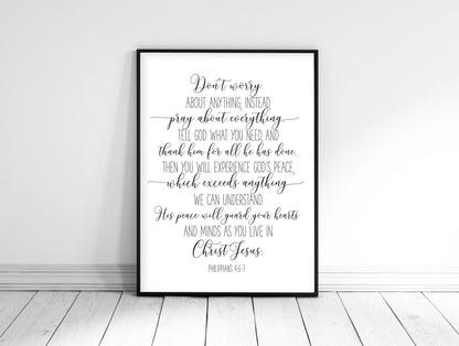 Philippians 4:6-7, Don't Worry About Anything, Bible Verse Printable Wall Art Prints