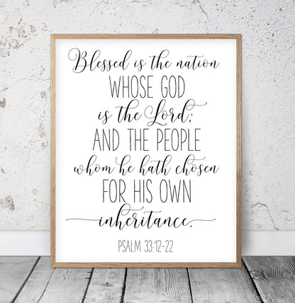 Blessed is the Nation, Psalm 33:12, Nursery Bible Verse Printable, Scripture Wall Art