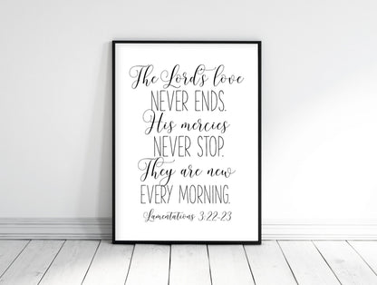 His Mercies Are New Every Morning, Lamentations 3:22-23, Bible Verse Printable Wall Art
