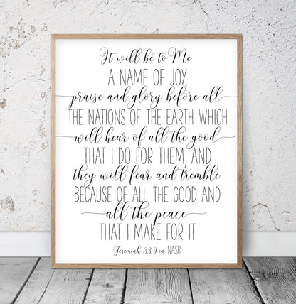 Jeremiah 33:9, It Will Be To Me A Name Of Joy, Nursery Bible Verse Prints, Scripture Prints