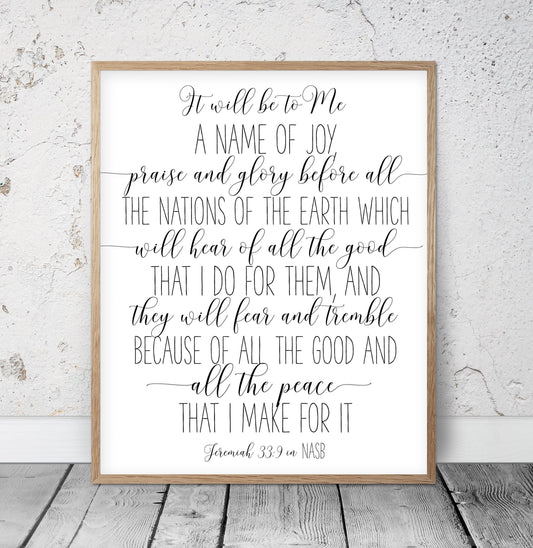 Jeremiah 33:9, It Will Be To Me A Name Of Joy, Nursery Bible Verse Prints, Scripture Prints