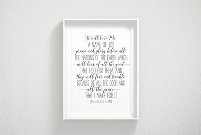 Jeremiah 33:9, It Will Be To Me A Name Of Joy, Nursery Bible Verse Prints, Scripture Prints