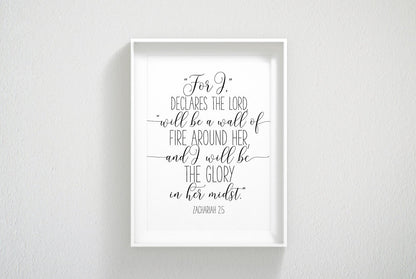 I Will Be A Wall Of Fire Around Her, Zachariah 2:5, Nursery Bible Verse Printable Art, Girls Room