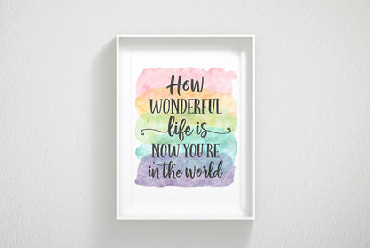 How Wonderful Life is Now You're in the World Print Wall Art, Nursery Prints