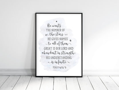 He Counts the Stars, Psalm 147:4, Bible Verse Wall Art, Printable Scripture Art,Nursery Room Prints