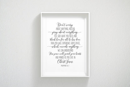 Philippians 4:6-7, Don't Worry About Anything, Bible Verse Printable Wall Art Prints