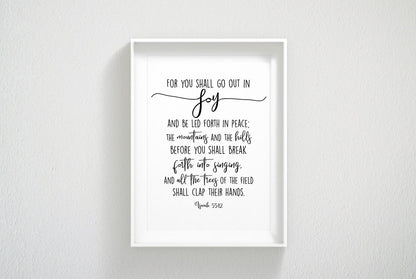 For You Shall Go Out In Joy, Isaiah 55:12, Bible Verse Printable, Lutheran Art, Wall Art Decor