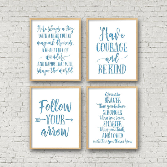 Set of 4, Here Sleeps A Boy,Have Courage And Be Kind,Boys Nursery Wall Art Decor