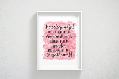 Here Sleeps a Girl With a Head Full of Magical Dreams, Pink Nursery Wall Art