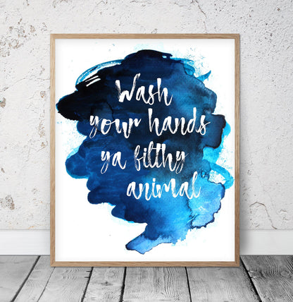 Wash Your Hands Ya Filthy Animal, Funny Bathroom Watercolor Art, Wall Decor