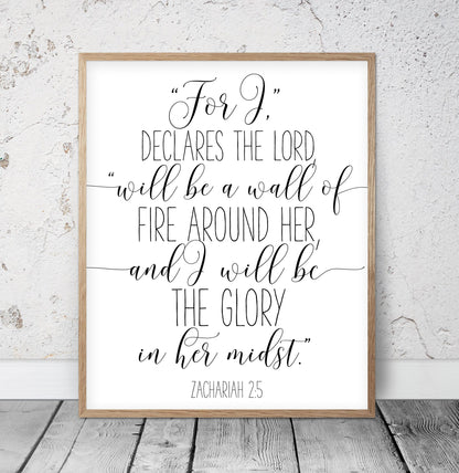 I Will Be A Wall Of Fire Around Her, Zachariah 2:5, Nursery Bible Verse Printable Art, Girls Room
