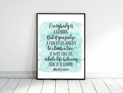 Everybody Is A Genius,Albert Einstein Quote,Room Decor Wall Art Print Quotes
