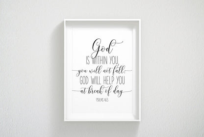 God Is Within You, You Will Not Fall, Proverbs 46:5, Gift For Her, Nursery Bible Verse Print Wall Art