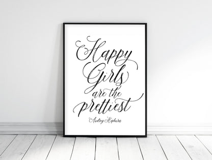 Audrey Hepburn Quote Happy Girls are the Prettiest, Girl Quotes Room Decor