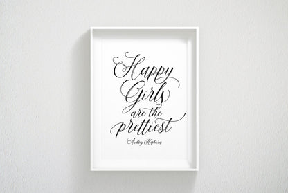 Audrey Hepburn Quote Happy Girls are the Prettiest, Girl Quotes Room Decor